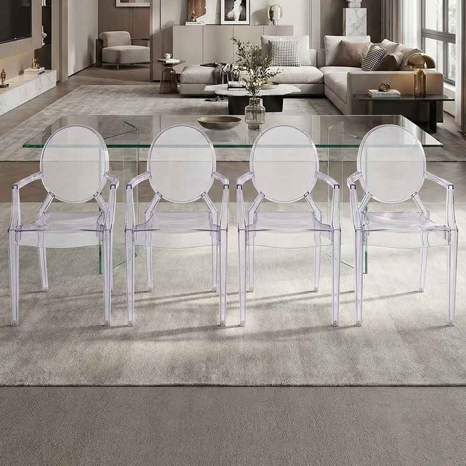 4 Pack Clear Resin Louis Ghost Chair with Arms for Dining Room and Living Areas