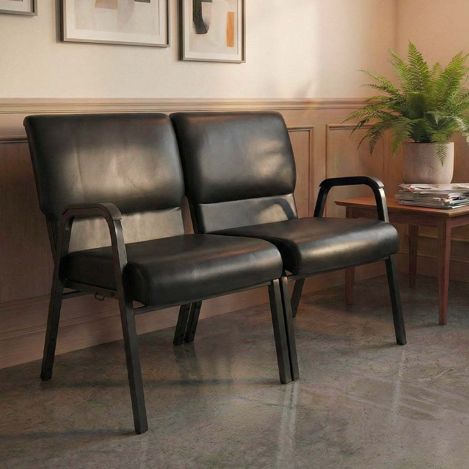 Black Vinyl 2-Seat Loveseat Waiting Room Chair with Black Frame and Arms