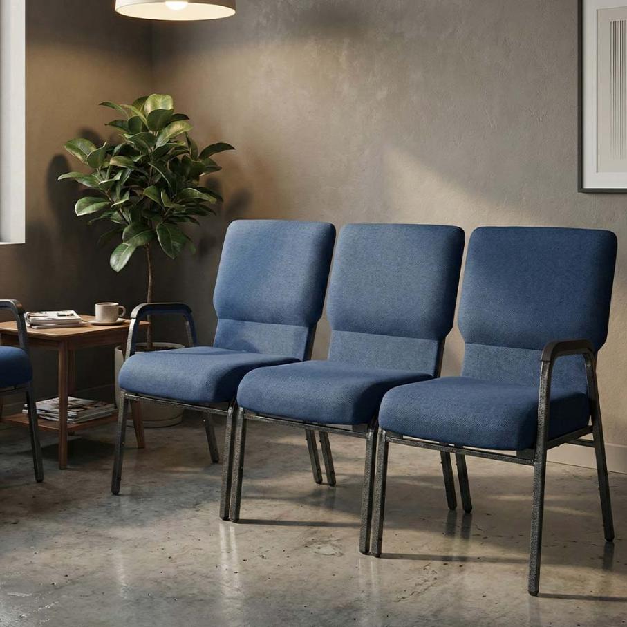 Indigo Fabric 3-Seat Waiting Room Chair with Silver Vein Frame and Arms