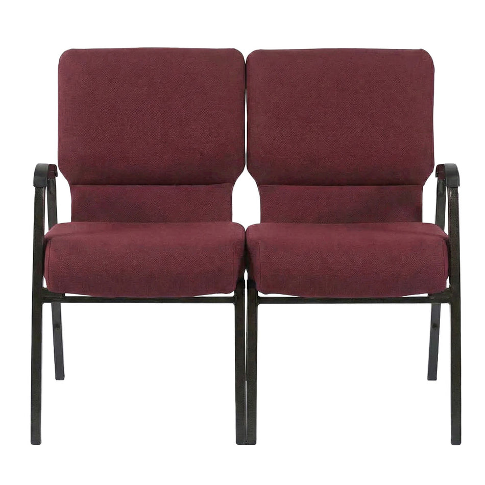 Maroon Fabric Two Seat Waiting Room Chair with Arms on Gold Vein Frame