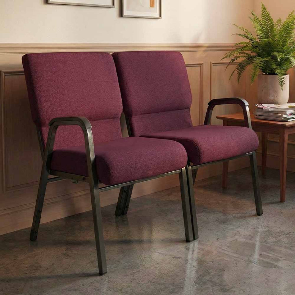 Maroon Fabric Two Seat Waiting Room Chair with Arms on Gold Vein Frame