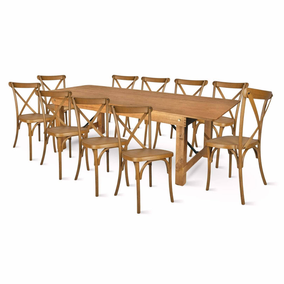 Farmhouse Dining Table Set 96x40" with 10 Cross Back Steel Skeleton Chairs for Kitchen Patio Dining Room, Fluted Legs, Chestnut