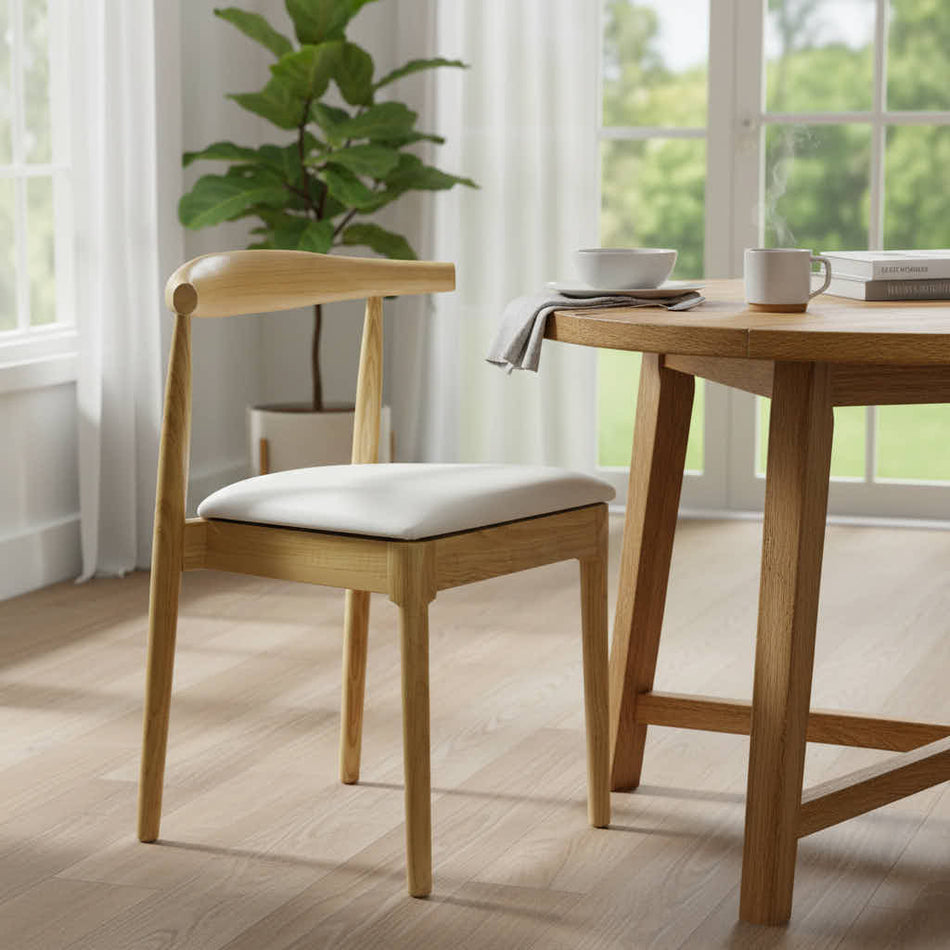 Natural Horn Wood Chair with White Vinyl Cushion