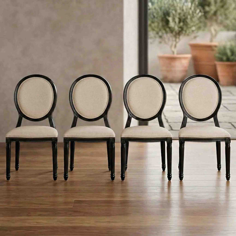 4 Pack Black Resin Louis Chair with Burlap Padded Seat for Dining Room and Patio Use