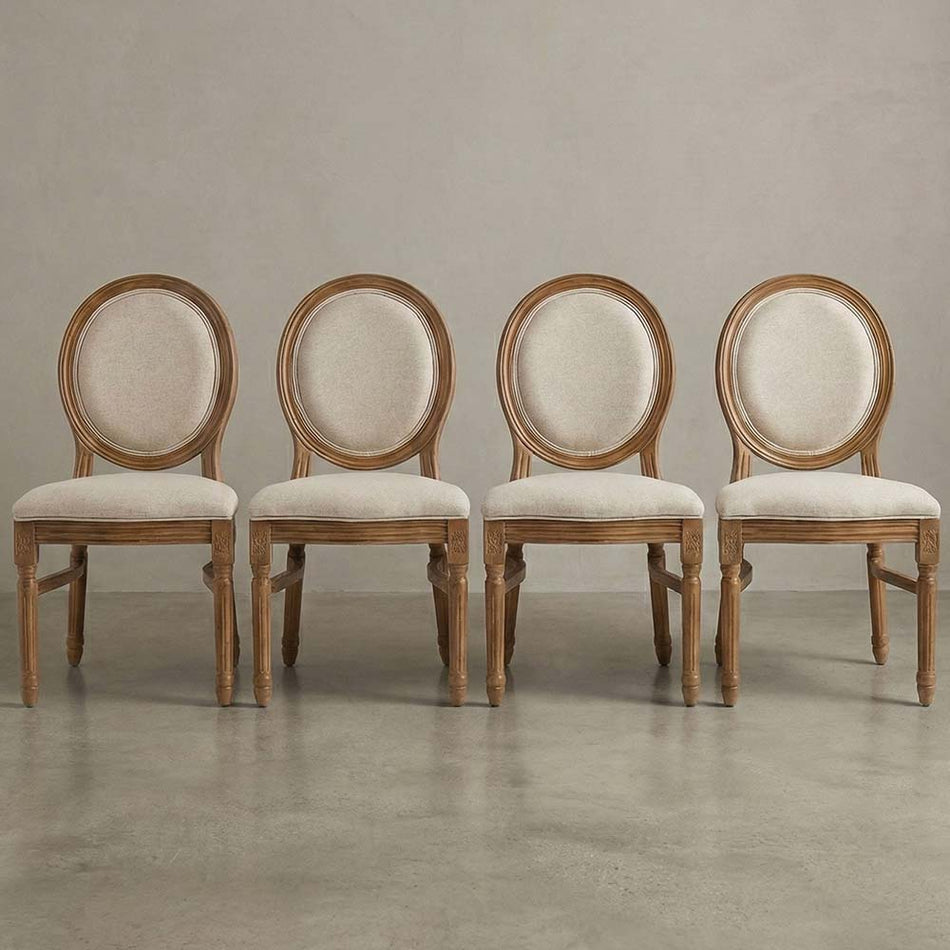 4 Pack Chestnut Resin Louis Chair with Beige Tweed Cushion for Dining Room and Patio