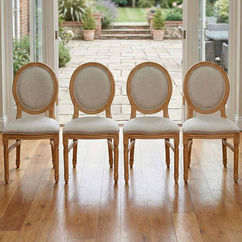 4 Pack Natural Resin Louis Chair with Beige Tweed Cushion for Dining Room and Outdoor Use