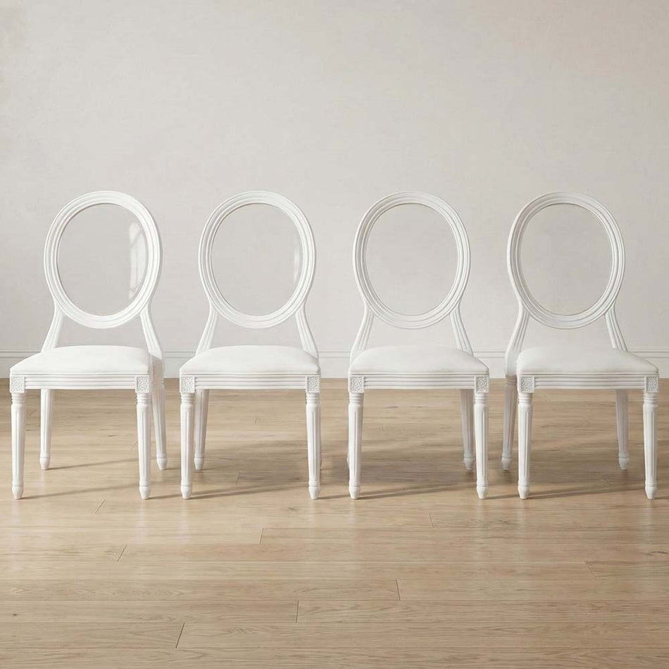 4 Pack White Resin Louis Pop Chair with Clear Back and Padded Vinyl Seat for Dining Areas