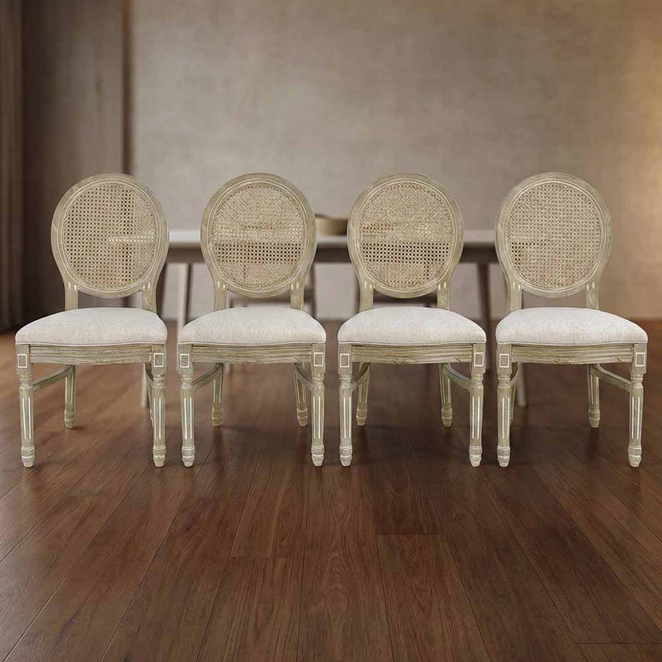 4 Pack Antique Louis Chair with Distressed Wood Frame and Rattan Back for Dining Rooms