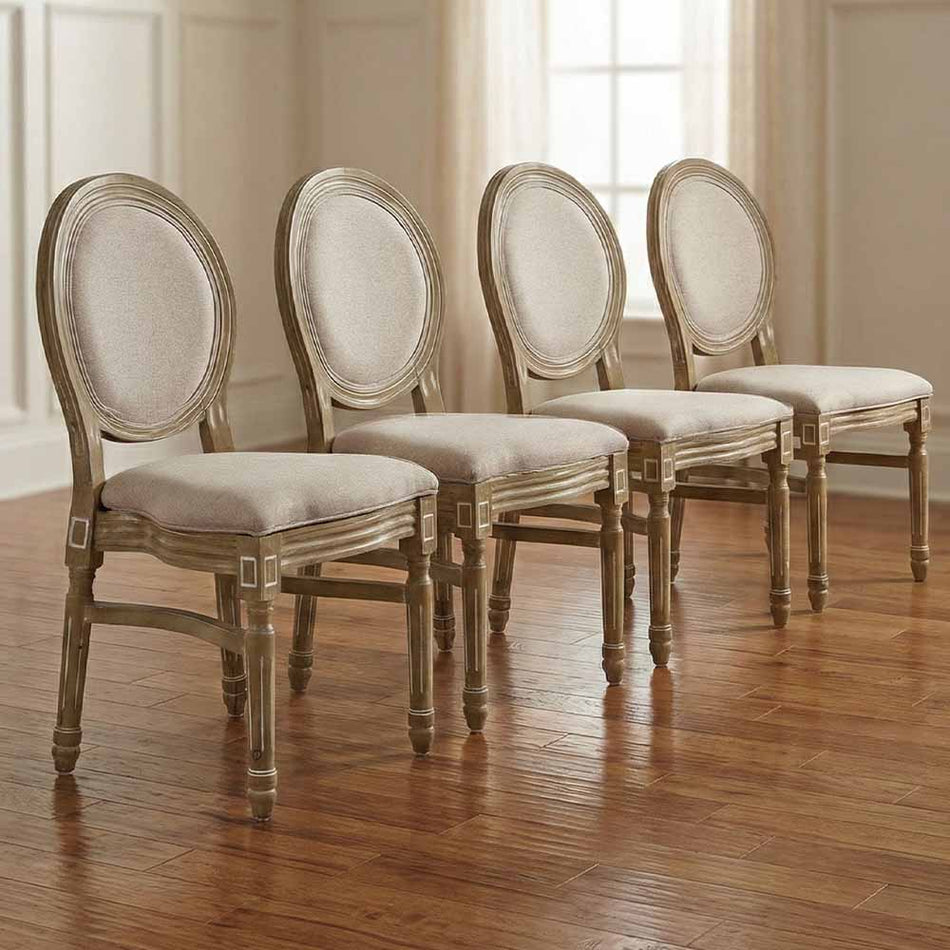 4 Pack Antique Distressed Wood Louis Pop Chair with Tweed Seat for Dining Rooms and Events