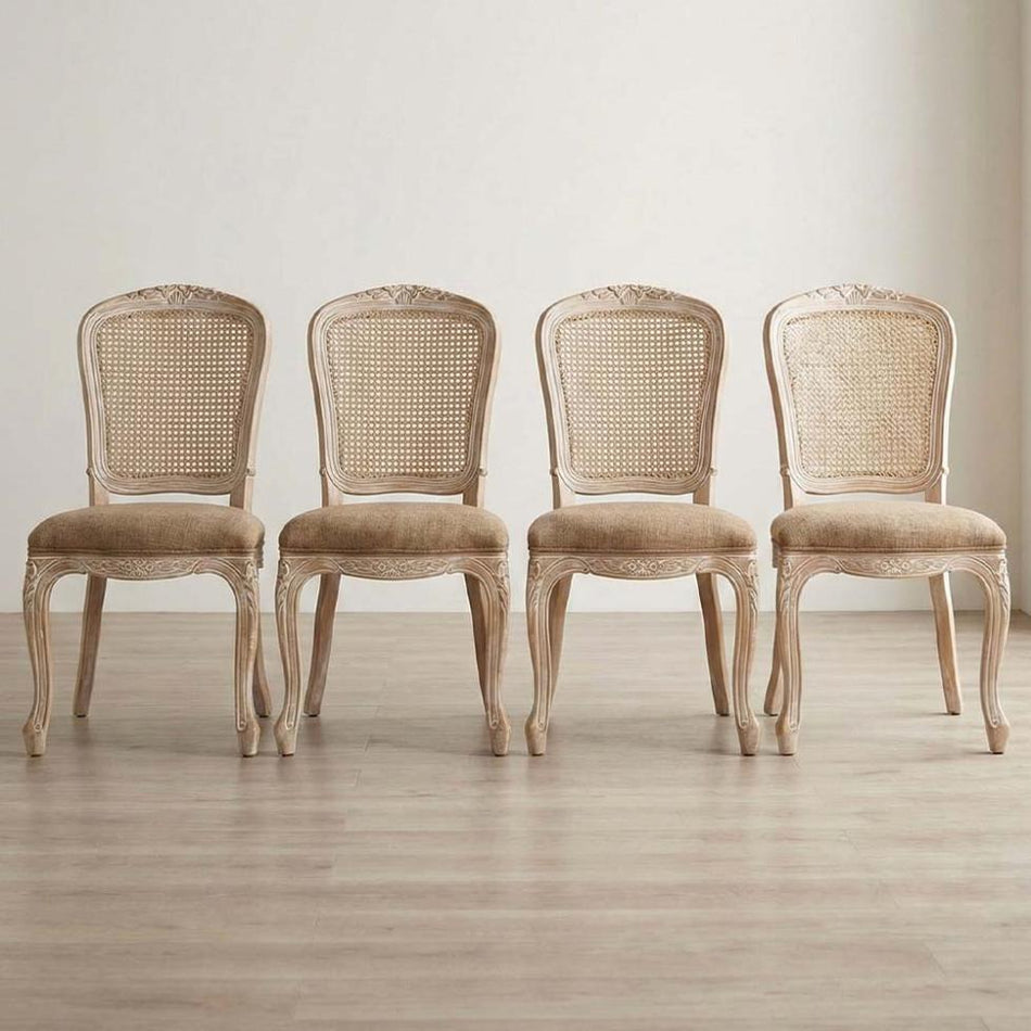 4 Pack Natural White Washed Royal Chair with Tan Tweed Seat for Dining Rooms and Patio Use
