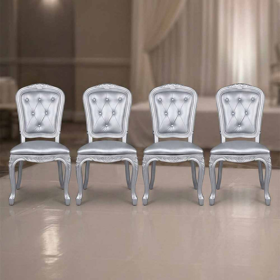 4 Pack Silver Resin Royal Chair with Tufted Vinyl Seat for Indoor Events and Outdoor Dining