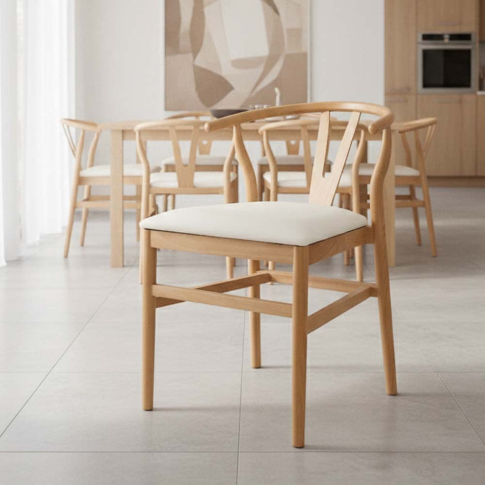 Natural Wood Wishbone Chair with Ivory Tweed Fabric Seat