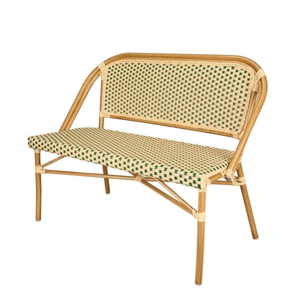 French Bistro 48x36" Table with Glass Top and 2 Benches Set, Beige and Green, Image 4