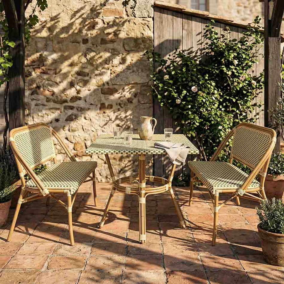 French Bistro 48x36" Table with Glass Top and 2 Benches Set, Beige and Green