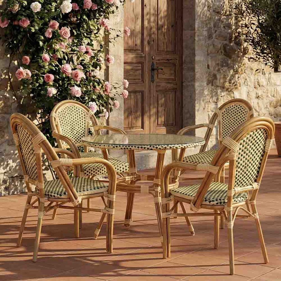 French Bistro 40" Table with Glass Top and 4 Chairs with Arms Set, Beige and Green