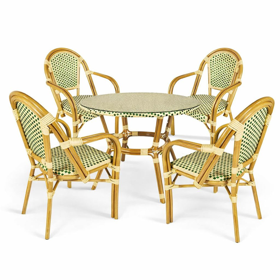 French Bistro 40" Table with Glass Top and 4 Chairs with Arms Set, Beige and Green