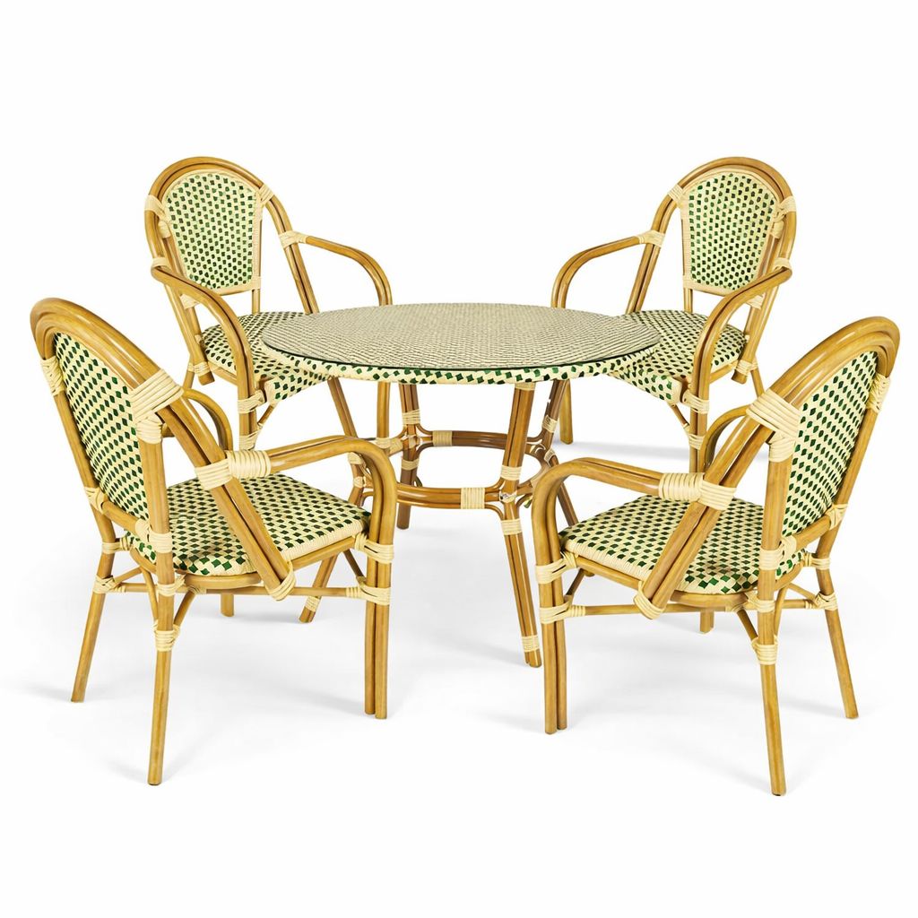 French Bistro 40" Table with Glass Top and 4 Chairs with Arms Set, Beige and Green, Image 2