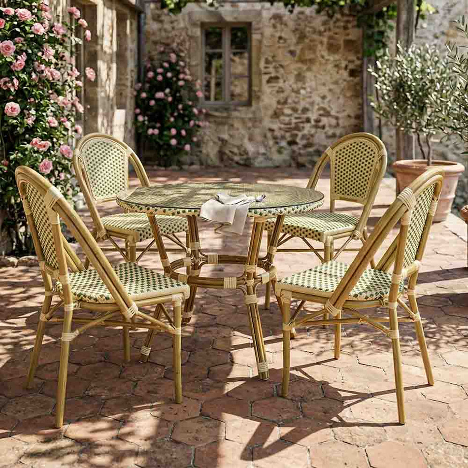 French Bistro 40" Table with Glass Top and 4 Chairs Set, Beige and Green