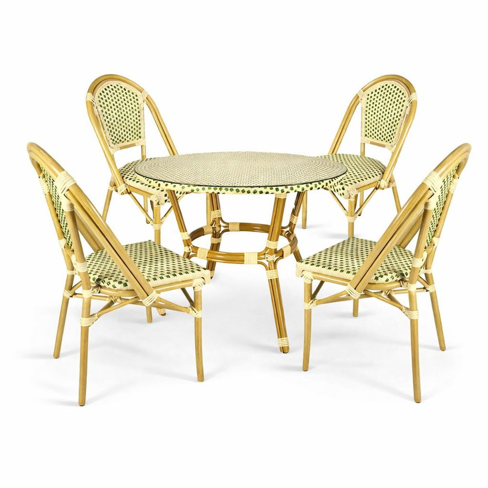 French Bistro 40" Table with Glass Top and 4 Chairs Set, Beige and Green