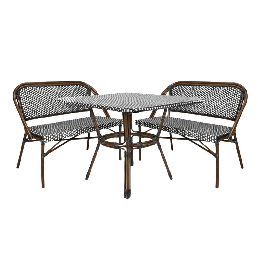 French Bistro 48x36" Table with Glass Top and 2 Benches Set, Black and White, Image 2