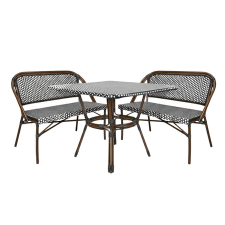 French Bistro 48x36" Table with Glass Top and 2 Benches Set, Black and White, Image 2