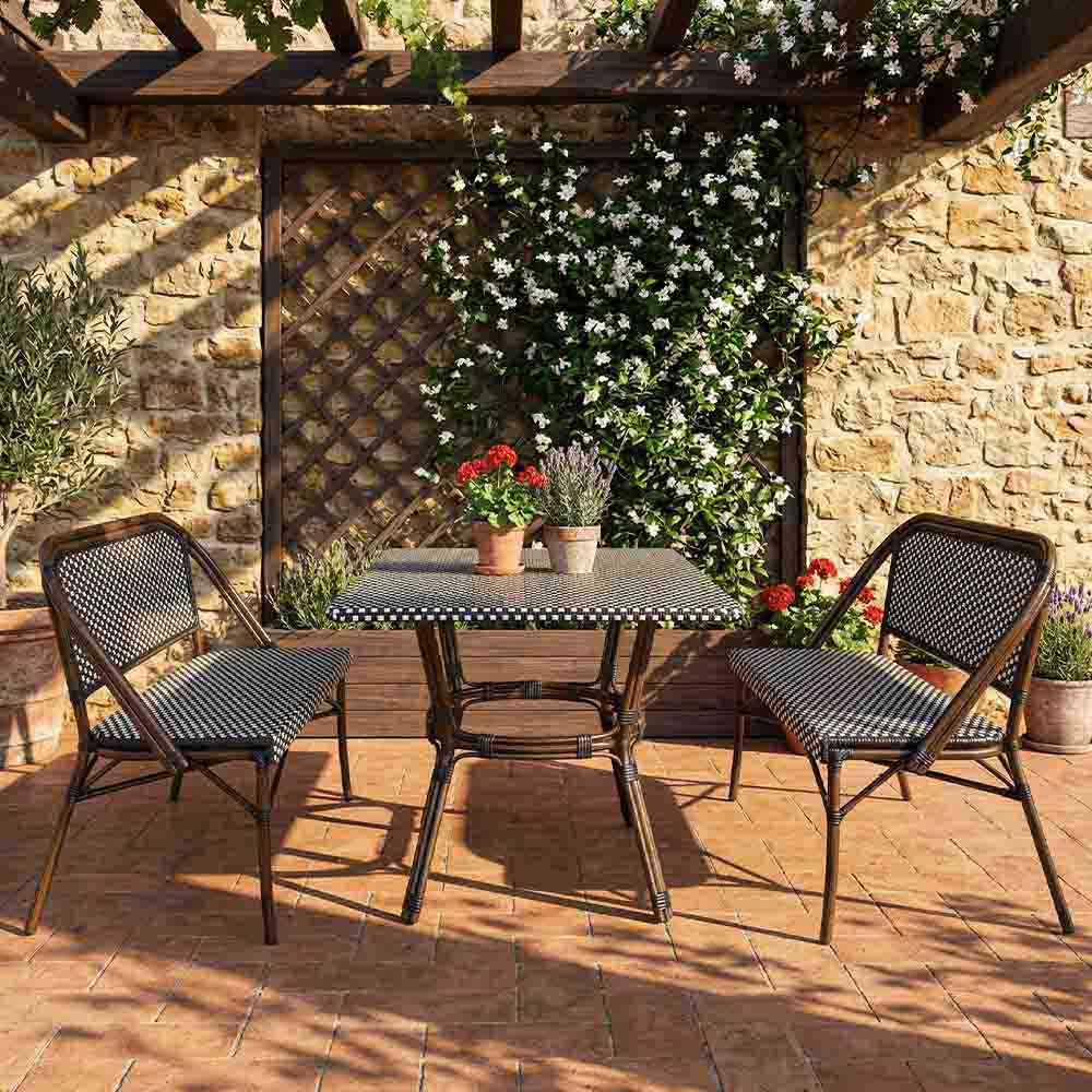 French Bistro 48x36" Table with Glass Top and 2 Benches Set, Black and White, Image 1