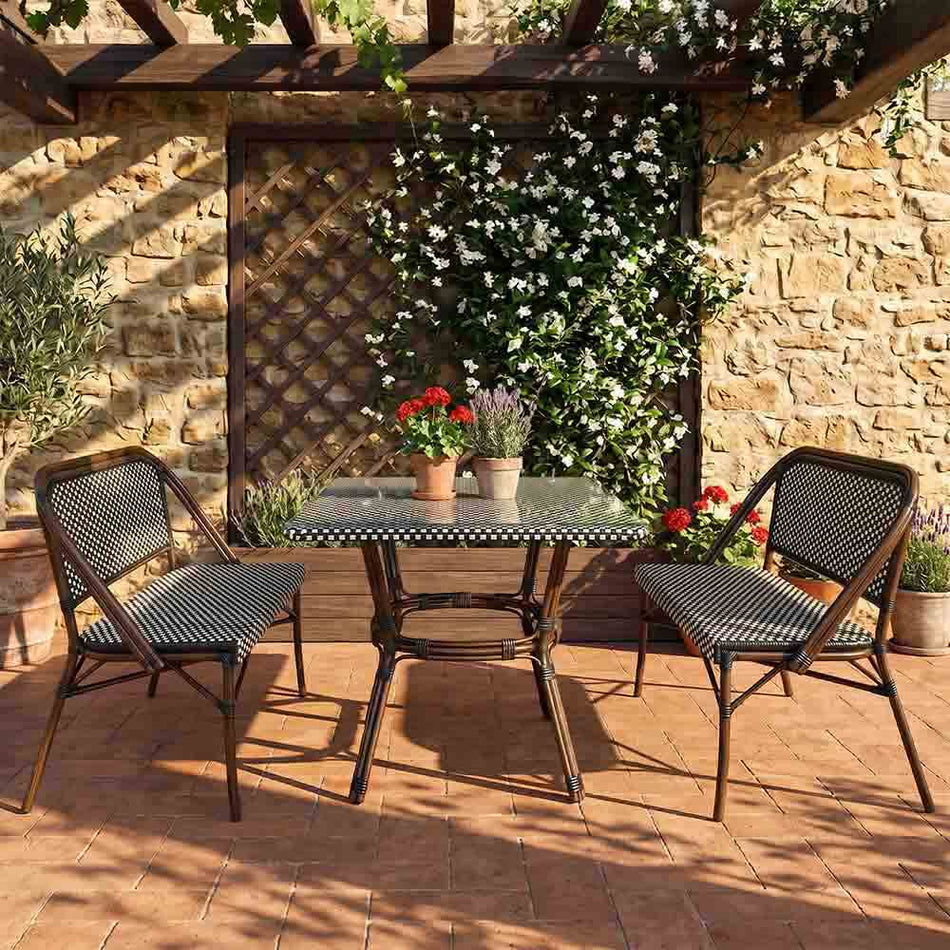 French Bistro 48x36" Table with Glass Top and 2 Benches Set, Black and White, Image 1