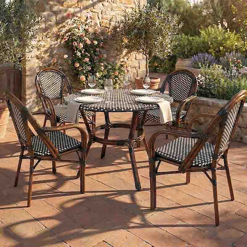 French Bistro 40" Table with Glass Top and 4 Chairs with Arms Set, Black and White