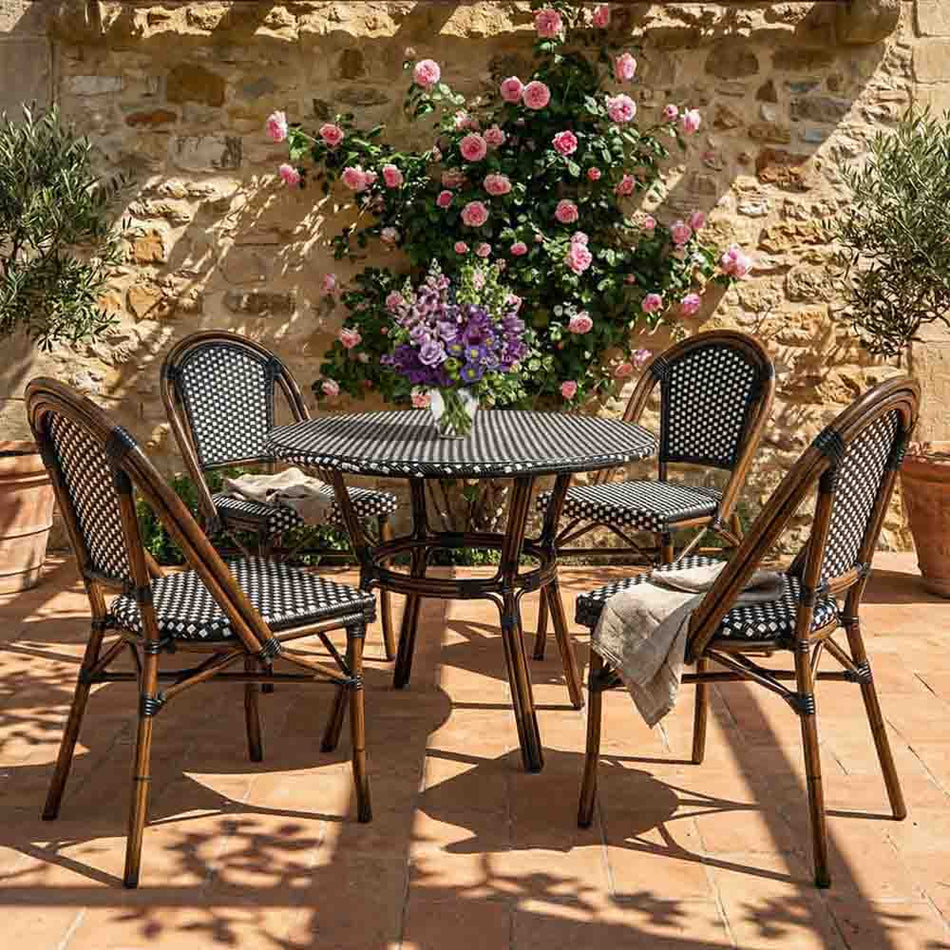 French Bistro 40" Table with Glass Top and 4 Chairs Set, Black and White