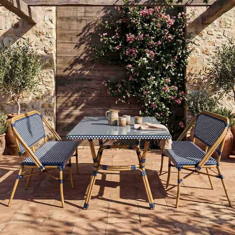 French Bistro 48x36" Table with Glass Top and 2 Benches Set, Blue and White, Image 1