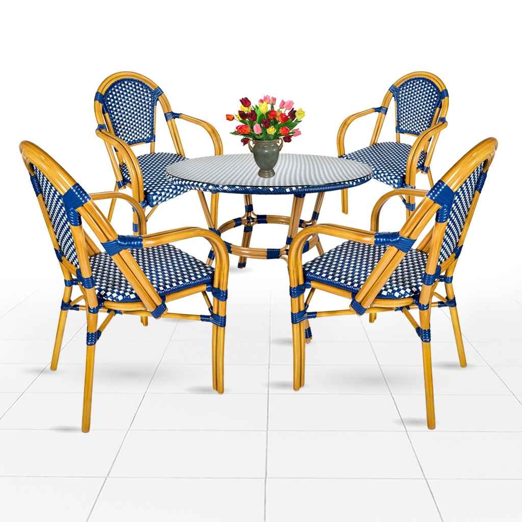 French Bistro 40" Table with Glass Top and 4 Chairs with Arms Set, Blue and White, Image 2