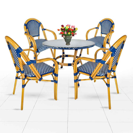 French Bistro 40" Table with Glass Top and 4 Chairs with Arms Set, Blue and White, Image 2