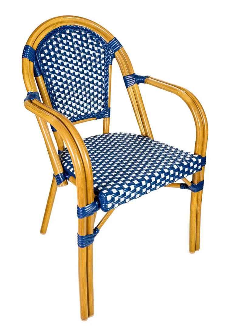 French Bistro 40" Table with Glass Top and 4 Chairs with Arms Set, Blue and White, Image 3