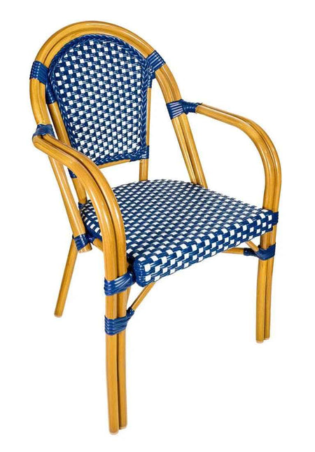 French Bistro 40" Table with Glass Top and 4 Chairs with Arms Set, Blue and White, Image 3