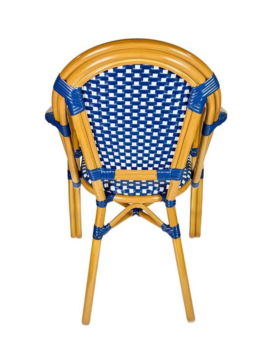 French Bistro 40" Table with Glass Top and 4 Chairs with Arms Set, Blue and White, Image 4