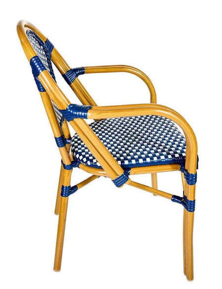 French Bistro 40" Table with Glass Top and 4 Chairs with Arms Set, Blue and White, Image 5