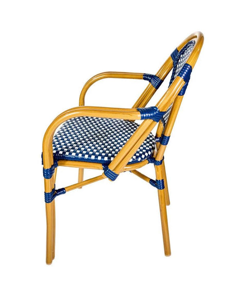 French Bistro 40" Table with Glass Top and 4 Chairs with Arms Set, Blue and White, Image 6