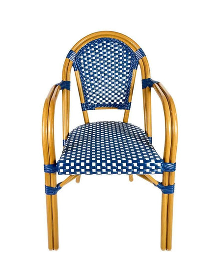 French Bistro 40" Table with Glass Top and 4 Chairs with Arms Set, Blue and White, Image 7