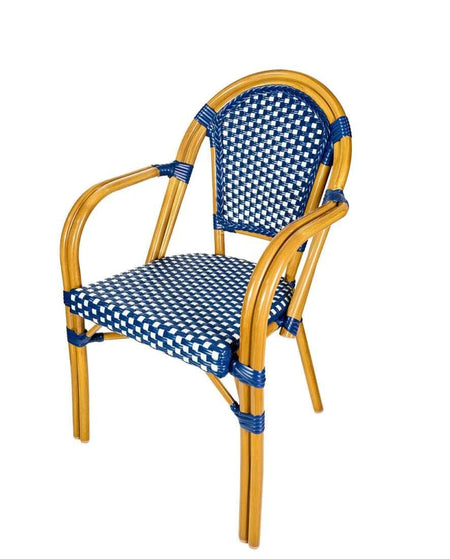 French Bistro 40" Table with Glass Top and 4 Chairs with Arms Set, Blue and White, Image 8