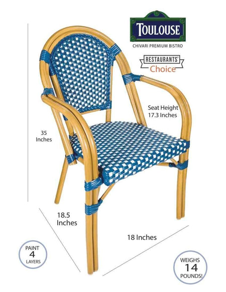 French Bistro 40" Table with Glass Top and 4 Chairs with Arms Set, Blue and White, Image 11