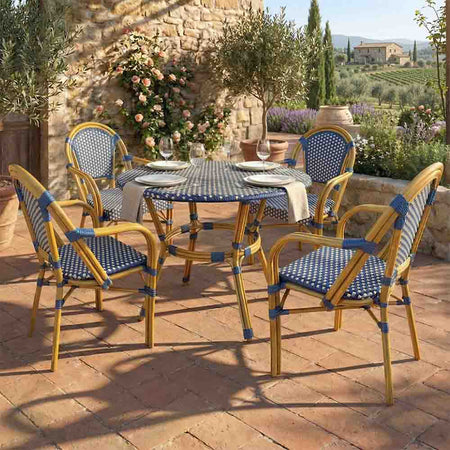 French Bistro 40" Table with Glass Top and 4 Chairs with Arms Set, Blue and White, Image 1