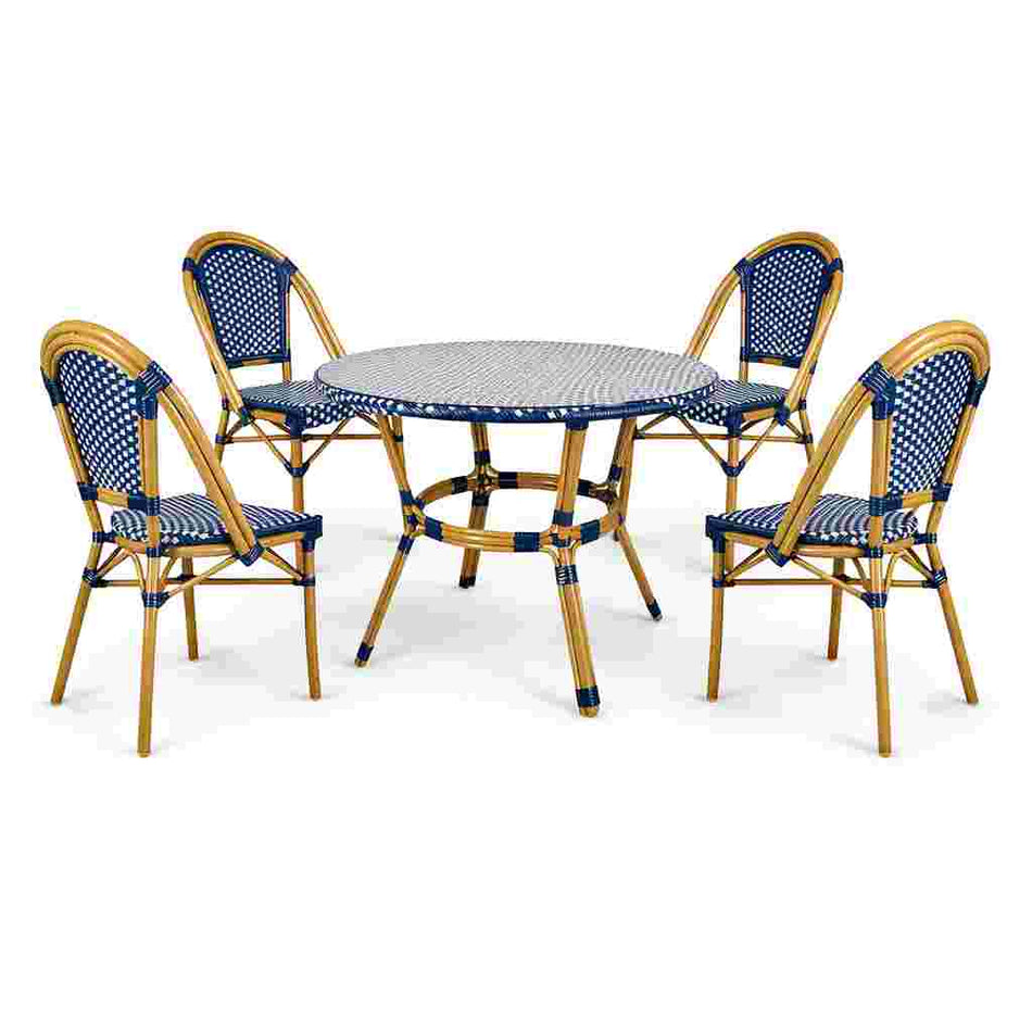 French Bistro 40" Table with Glass Top and 4 Chairs Set, Blue and White