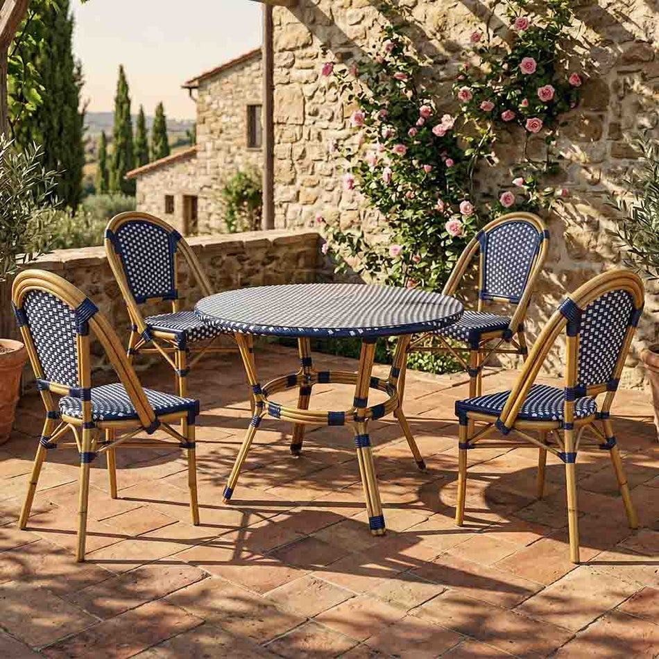 French Bistro 40" Table with Glass Top and 4 Chairs Set, Blue and White
