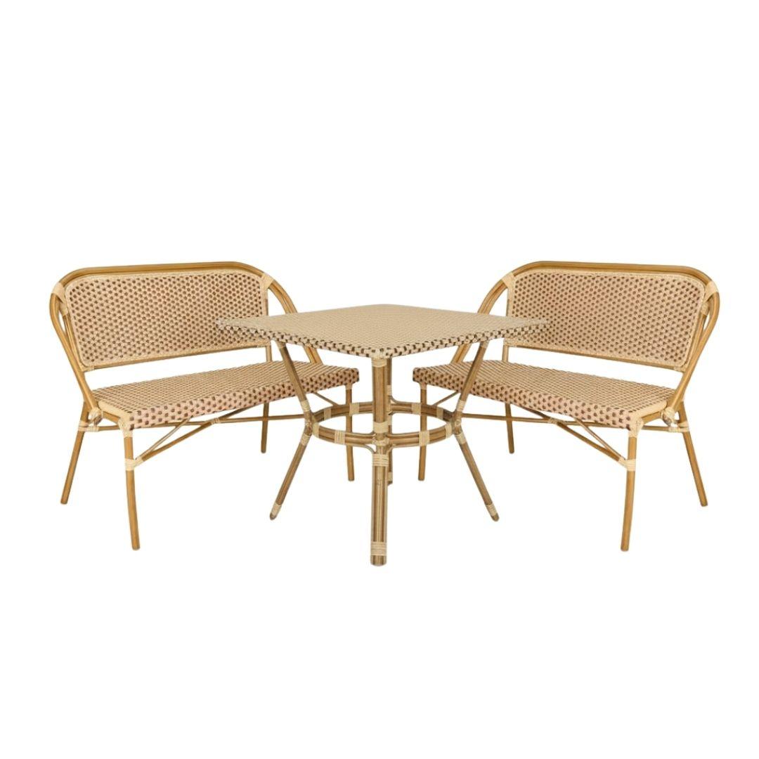 French Bistro 48x36" Table with Glass Top and 2 Benches Set, Beige and Maroon, Image 2