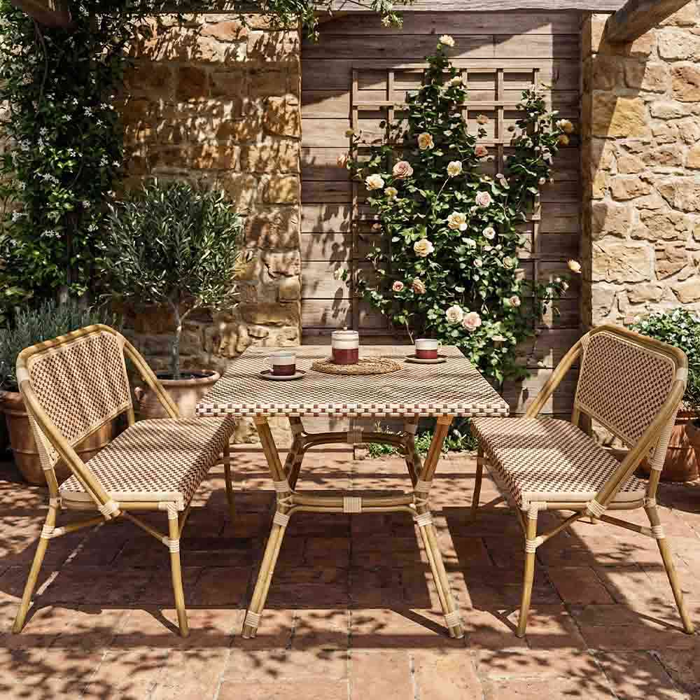 French Bistro 48x36" Table with Glass Top and 2 Benches Set, Beige and Maroon, Image 1