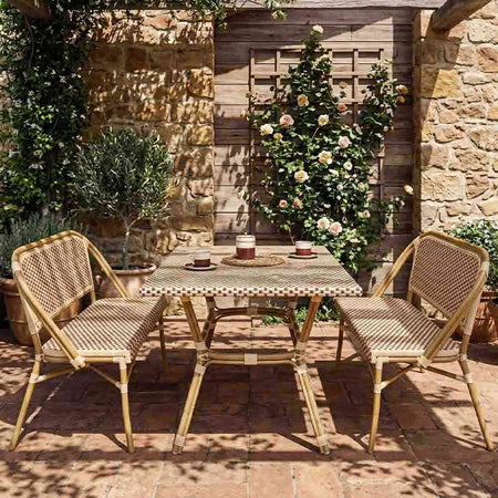 French Bistro 48x36" Table with Glass Top and 2 Benches Set, Beige and Maroon, Image 1