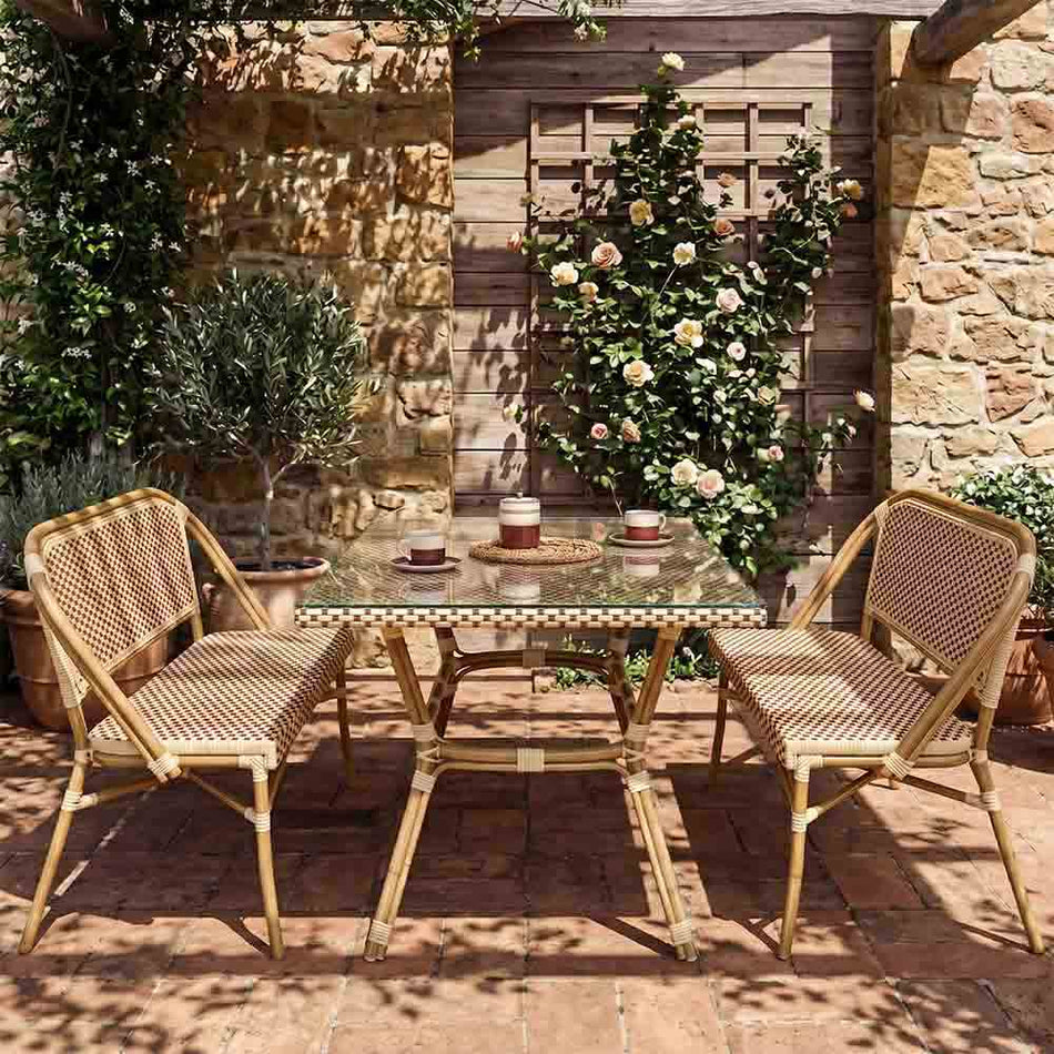 French Bistro 48x36" Table with Glass Top and 2 Benches Set, Beige and Maroon, Image 1