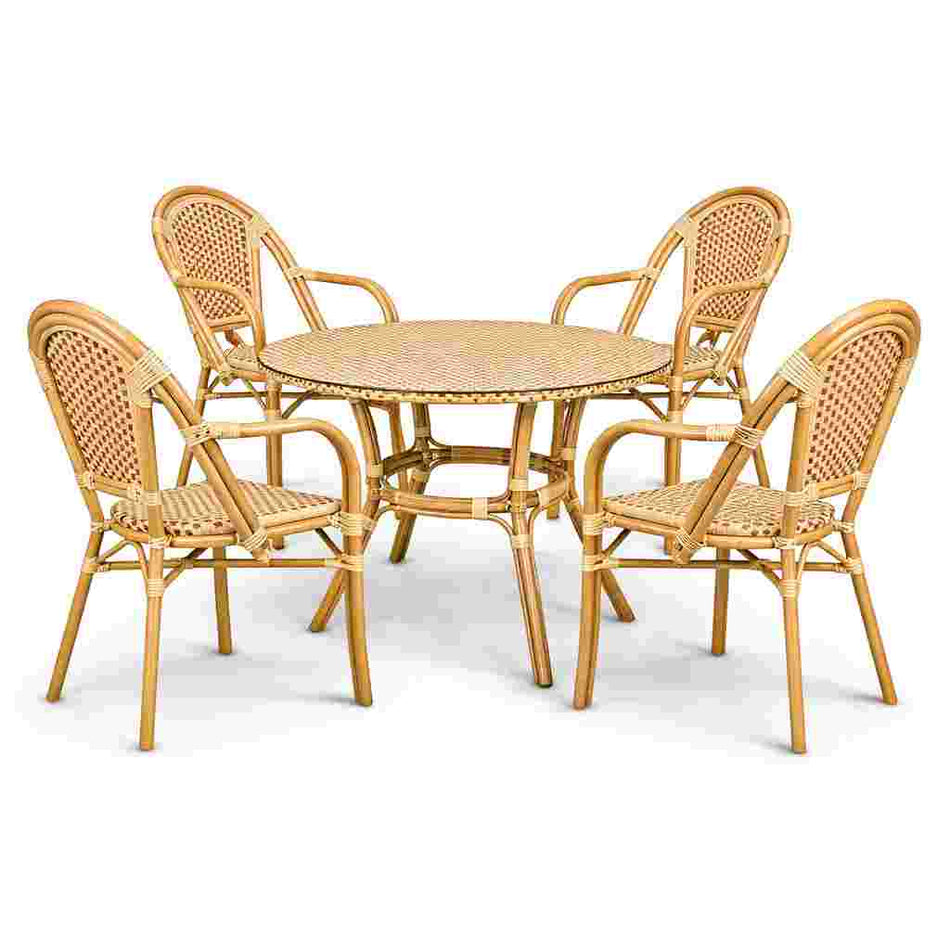 French Bistro 40" Table with Glass Top and 4 Chairs with Arms Set, Beige and Maroon