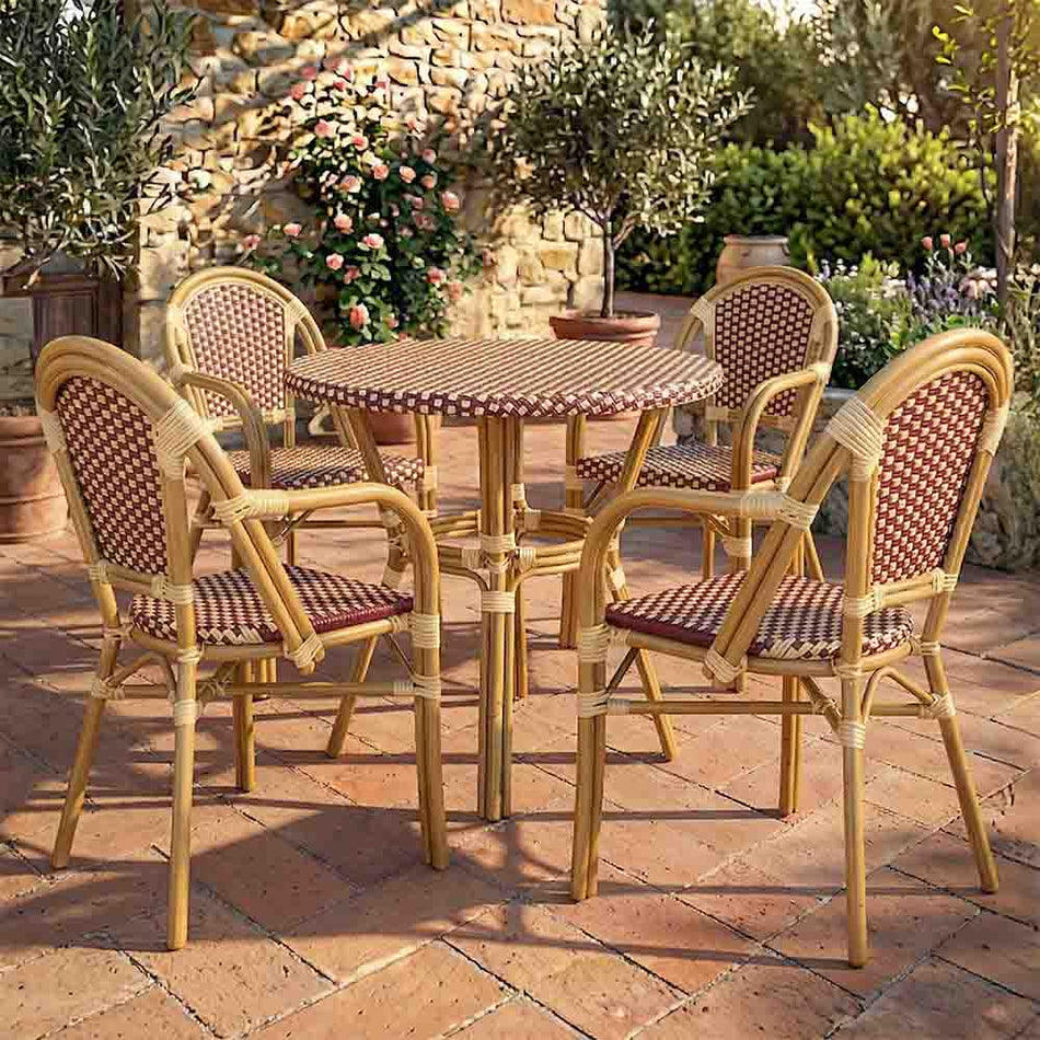 French Bistro 40" Table with Glass Top and 4 Chairs with Arms Set, Beige and Maroon