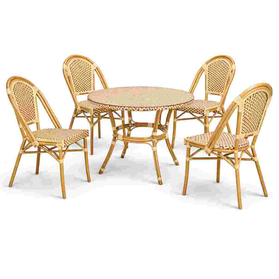 French Bistro 40" Table with Glass Top and 4 Chairs Set, Beige and Maroon